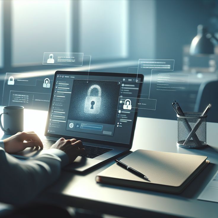 Person working at a laptop with a padlock icon and security interface overlays, representing company data security when using AI